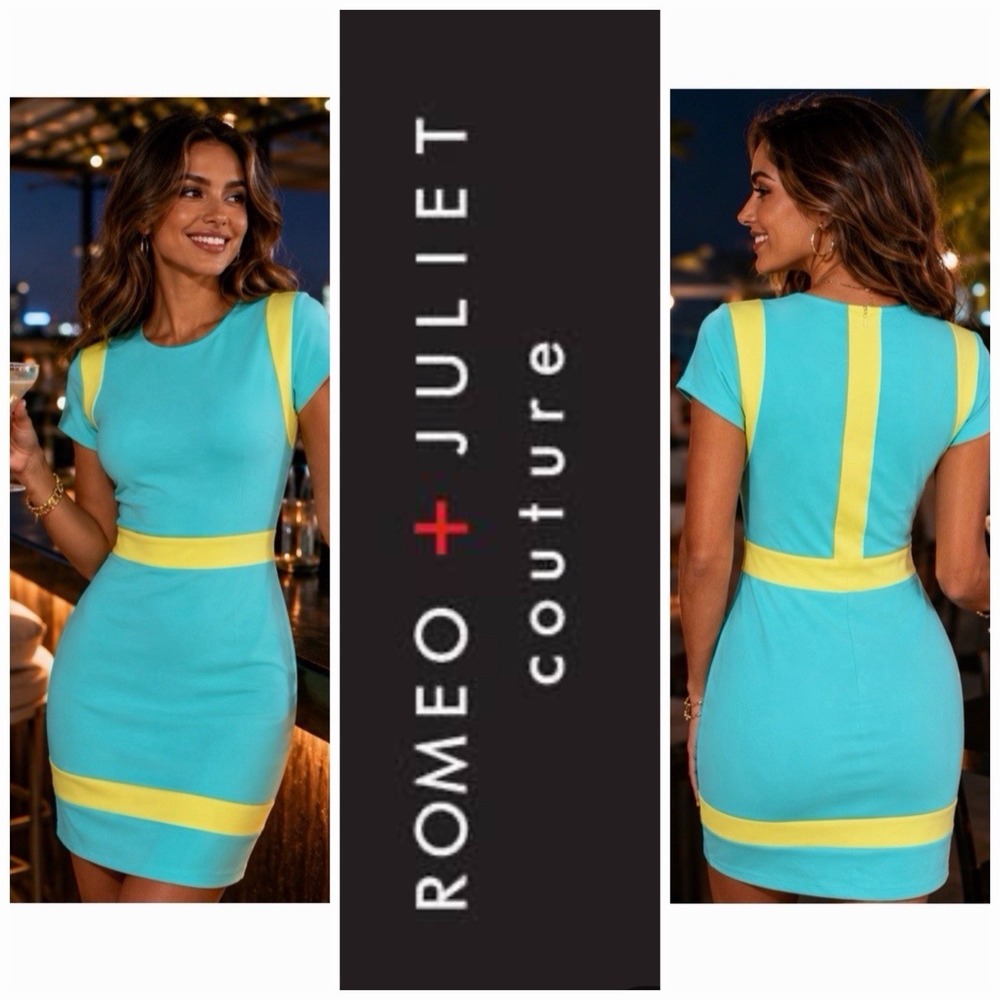NWT Romeo & Juliet Couture Scuba Dress S• 60's Mod Retro‎ Colorblock Mint Yellow